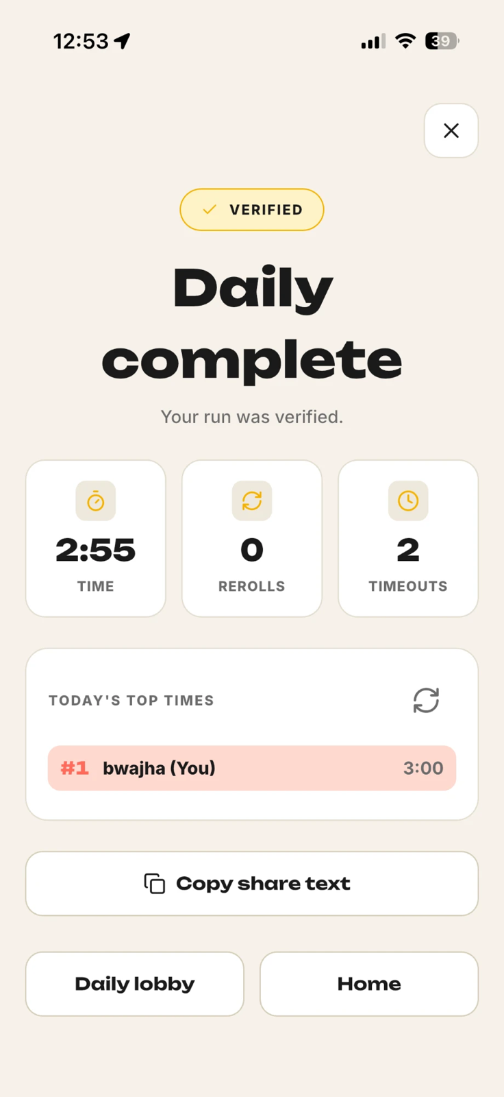 Race to 100 Daily leaderboard screen with ranked results