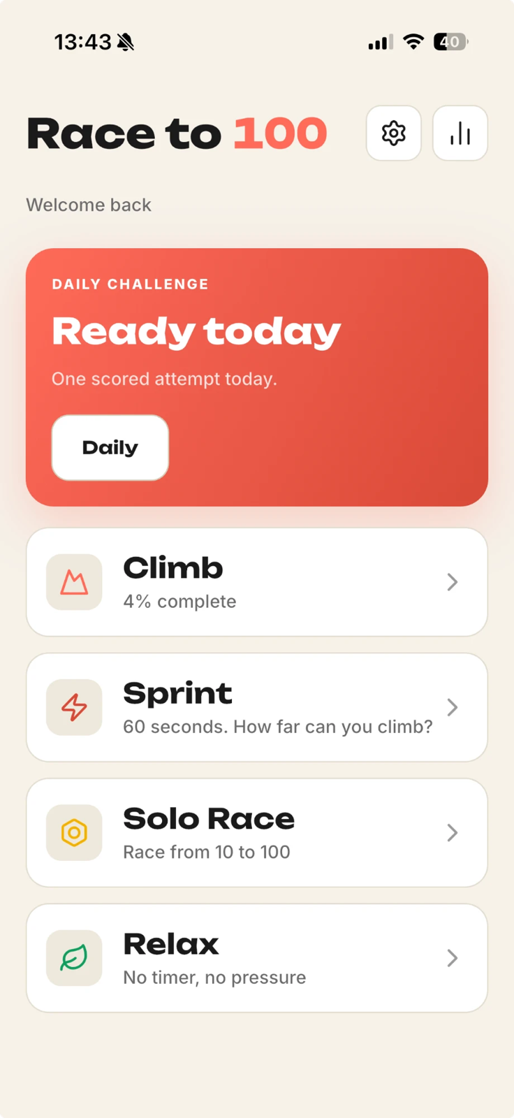 Race to 100 home screen showing the Daily challenge and game modes