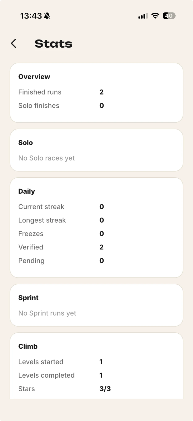 Race to 100 Stats screen with mode progress and lifetime totals